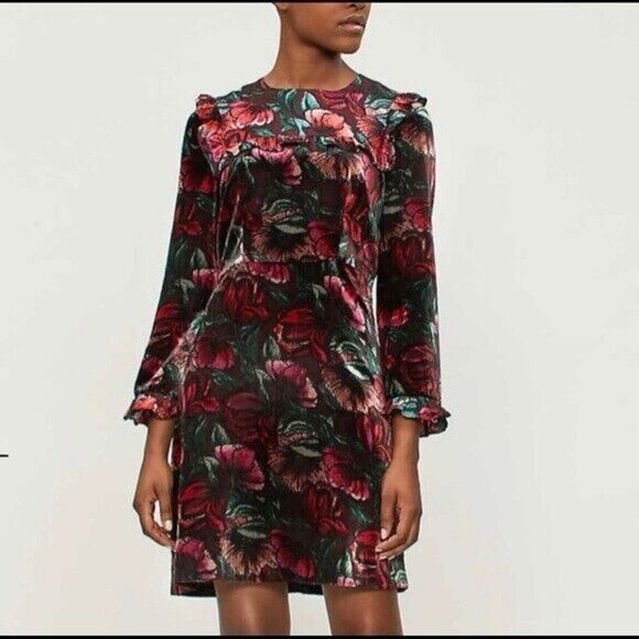 SANDRO Women's Velvet Velour Floral Dress Whimisgoth Dark Romance Silk Blend 38 - Picture 2 of 12